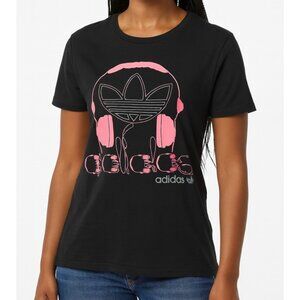 Adidas Originals Women’s Graphic Tee Black Pink Headphones Trefoil Logo Size XL